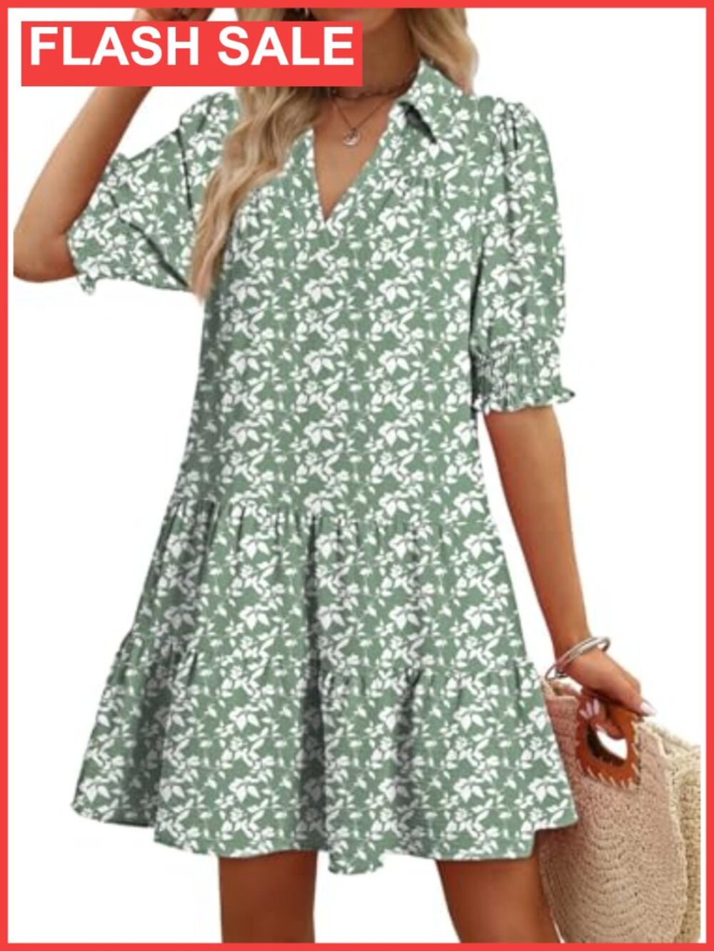 Pleated A-Line Midi Summer Dress Casual V-Neck 3/4 Sleeve
